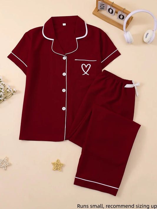 Women's Casual Fitted Sleepwear Set, Soft Fabric Heart Embroidery Pajama Set, Short Sleeves Plain Everyday Home Wear, Loungewear & Nightwear Set, All-Season Pjs, Homewear, Comfy Pajamas