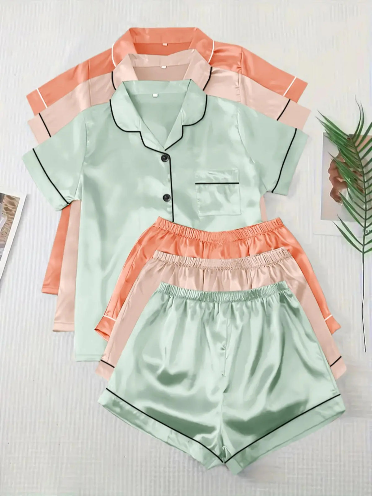 Women's Solid Satin Pyjama Set, Short Sleeve Button Front Lapel Shirt & Contrast Binding Shorts PJ Set, Summer Sleepwear Set, Loungewear, Pajamas, Silky Satin Pajama