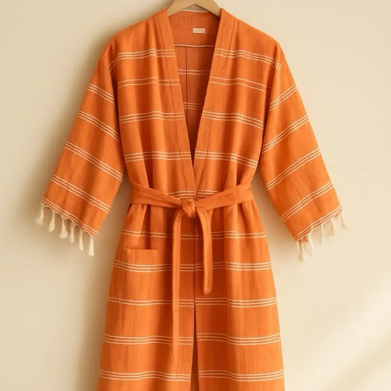 Sun-kissed Robe - Orange Striped Bathrobe with Soft Cotton Material and Stylish Knot Front