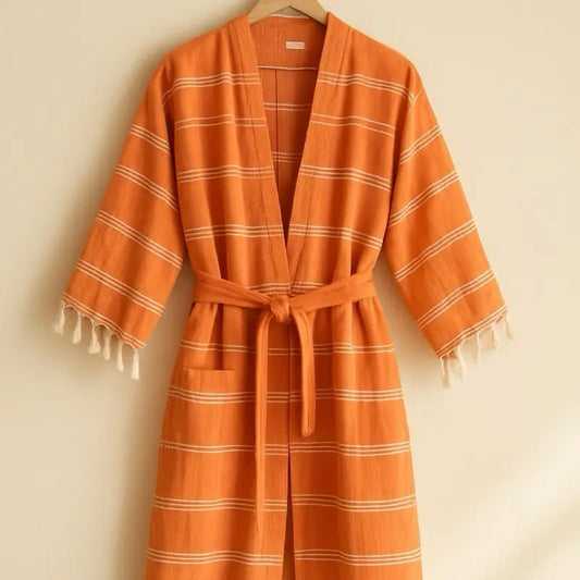 Sun-kissed Robe - Orange Striped Bathrobe with Soft Cotton Material and Stylish Knot Front