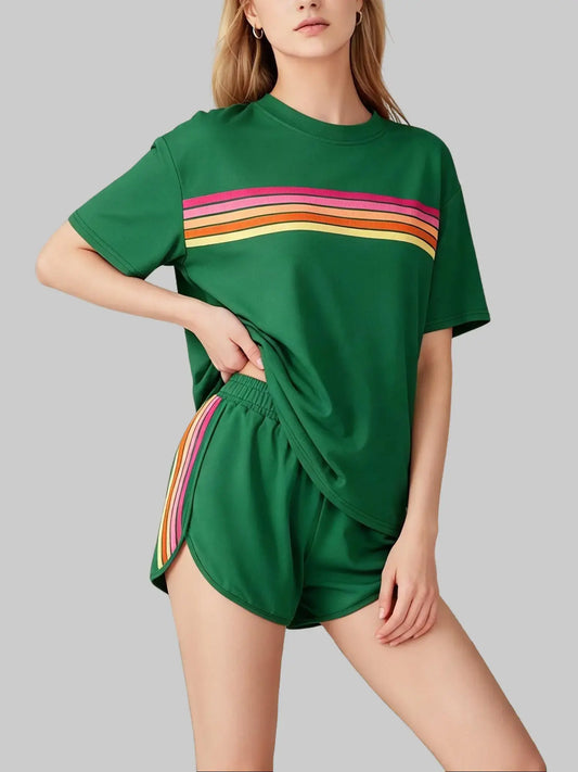 Women's 2-Piece Striped Rainbow Color-Block Loungewear Set - Short-Sleeve Crew Neck Tee, Above-the-Knee Patch Pocket Shorts, Soft Elastane Fabric, Breathable Vintage Athleisure, Summer Everyday Wear, Sohochic