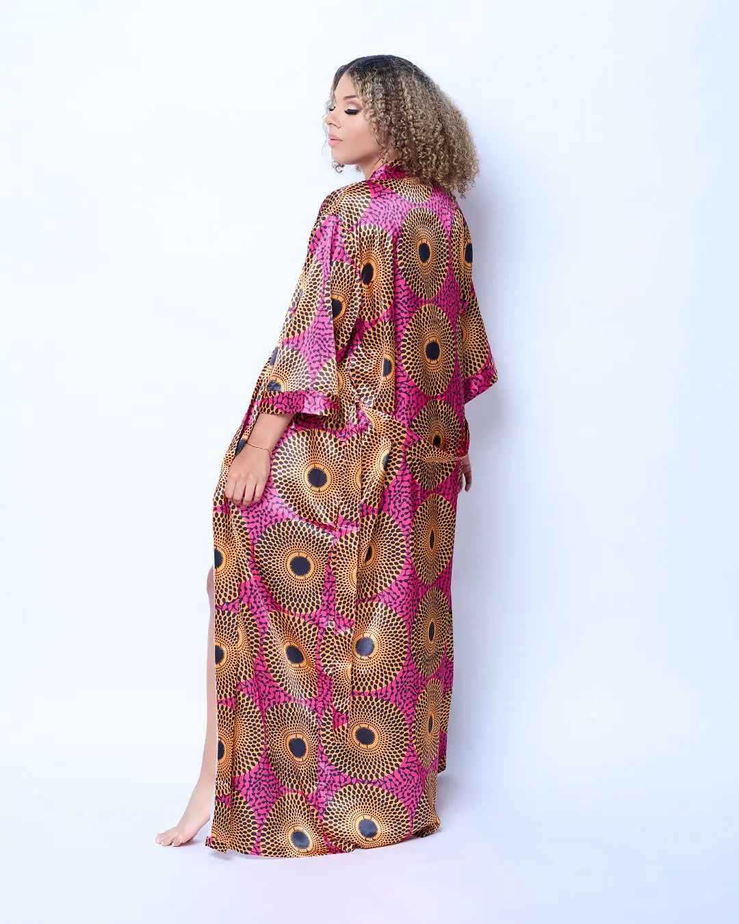 Women's Long-Sleeve African Print 100% Luxury Poly-Satin Bathrobe - Adjustable Strap, Ultra Smooth, Exotic Aura, All Seasons, One Size Pink/Yellow Bridal Loungewear Gown with Modern Spin