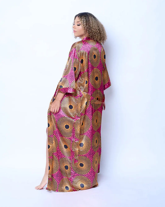 Women's Long-Sleeve African Print 100% Luxury Poly-Satin Bathrobe - Adjustable Strap, Ultra Smooth, Exotic Aura, All Seasons, One Size Pink/Yellow Bridal Loungewear Gown with Modern Spin