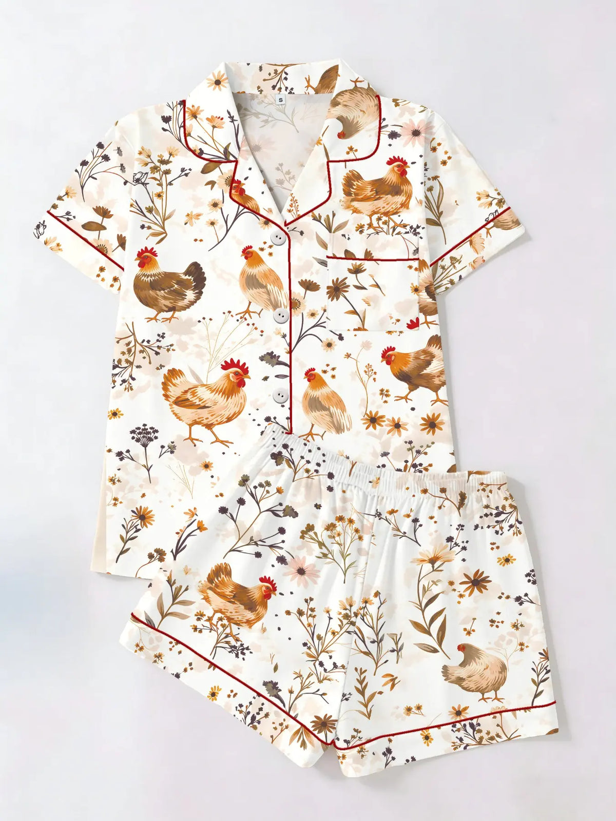 Cute Cat Garden Floral Print Short Sleeve Top Shorts Pajama Set, Fitted Casual Aesthetic Homeewear for Women, Casual Style Loungewear, All Seasons Wear, Two-Piece Sleepwear