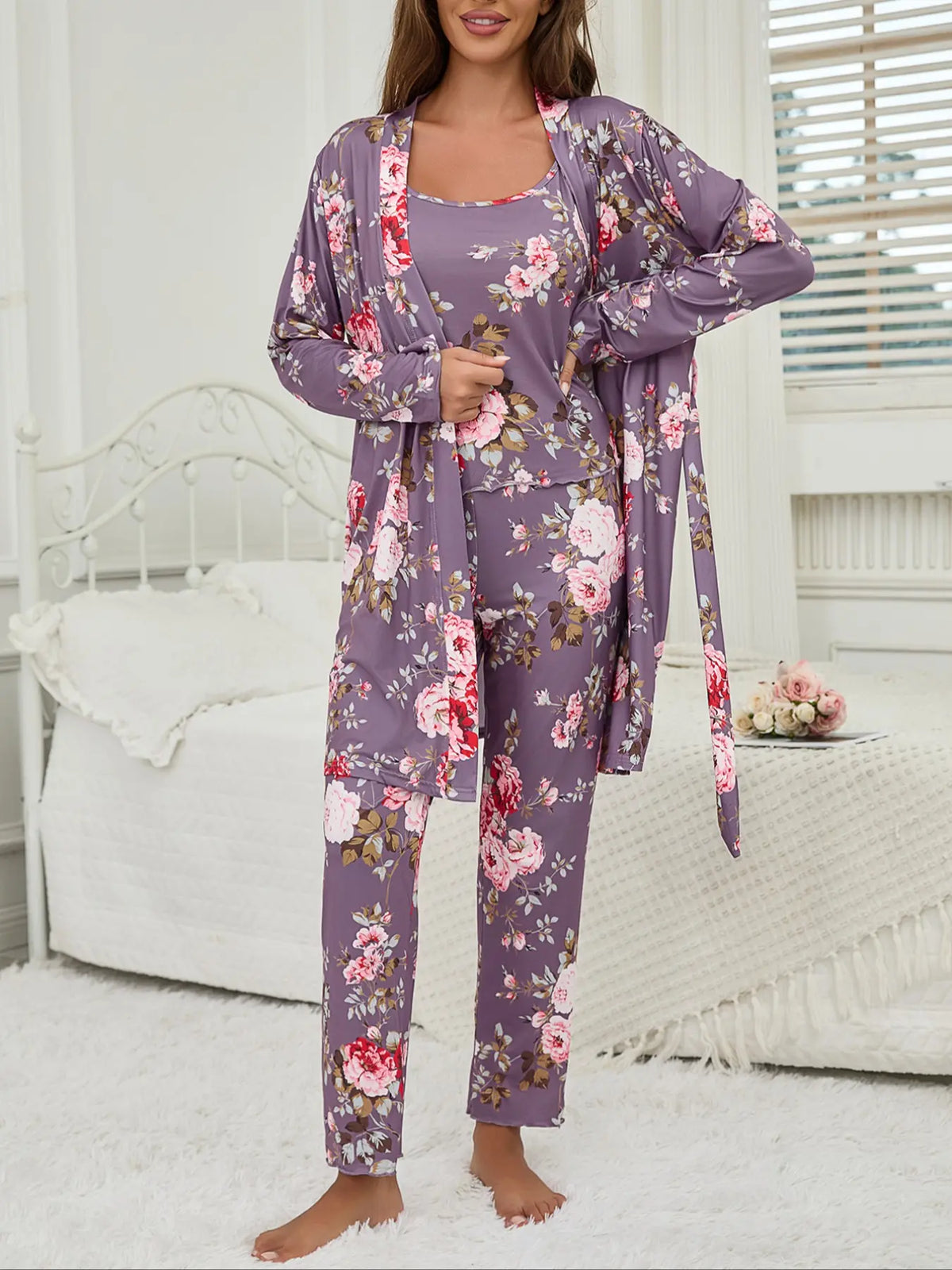 Women's All Over Floral Print Pajama Set, Long Sleeve Open Front Outwear & Pants & Cami Top, Casual Comfy Fitted Sleepwear Set for Women, Loungewear, Knit, Camisole