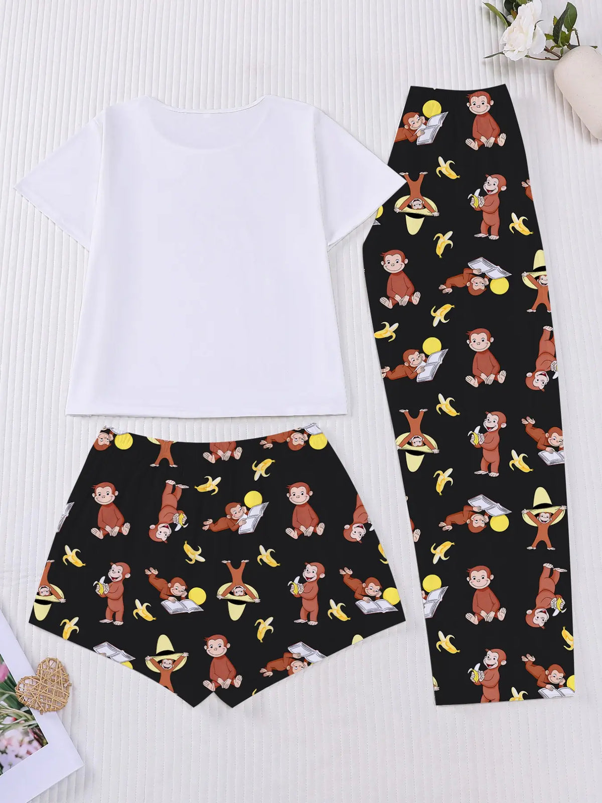 Three-Piece Women's Short Sleeve Top & Long Pants & Shorts Sleepwear Set, Sleepwear Outfits, Casual Home Nightwear, Loungewear