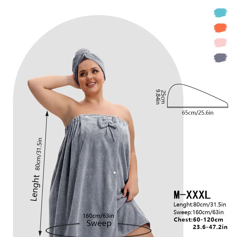 1 Pcs Bathrobe / 2-Piece Bath Skirts Set - 80x210cm & 80x160cm, 350GSM, Oversized Bathing Towel + Ladies' Bath Cap + Adjustable Wearable Skirt, Fits M-XXXXL, Thickened, Ideal for Home, Travel, Sauna & Spa