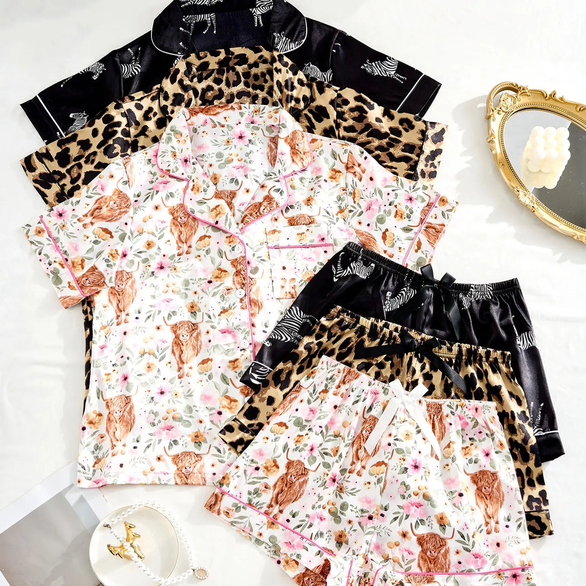 Women's 6-Piece Short-Sleeve Pajama Loungewear Set - Elastic Waist Shorts, Stylish Floral/Leopard Fabric, Elegant Fitted Style, Lounge Set for Women, Valentine Occasions