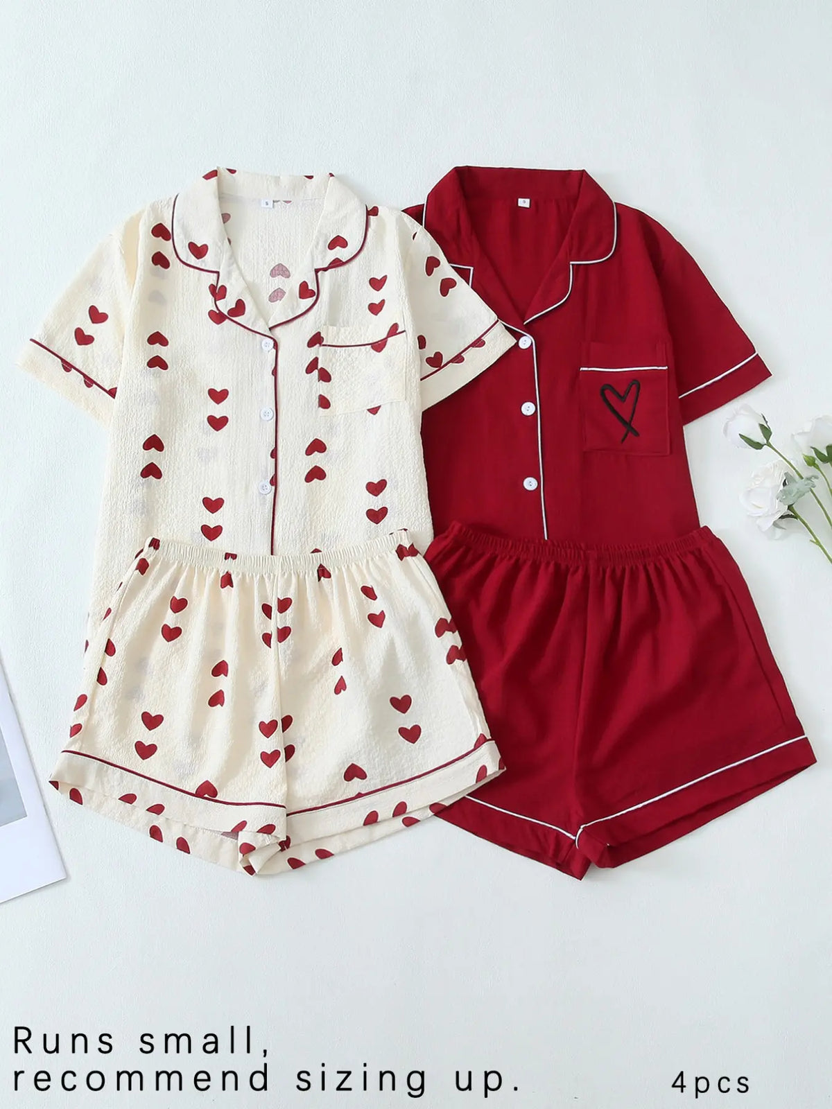 Women's All Over Print Woven Casual Loungewear Set, Contrast Binding Pocket Button Top & Elastic Shorts Pajama Set, Ladies Summer Pjs Nightwear Matching Pj Set