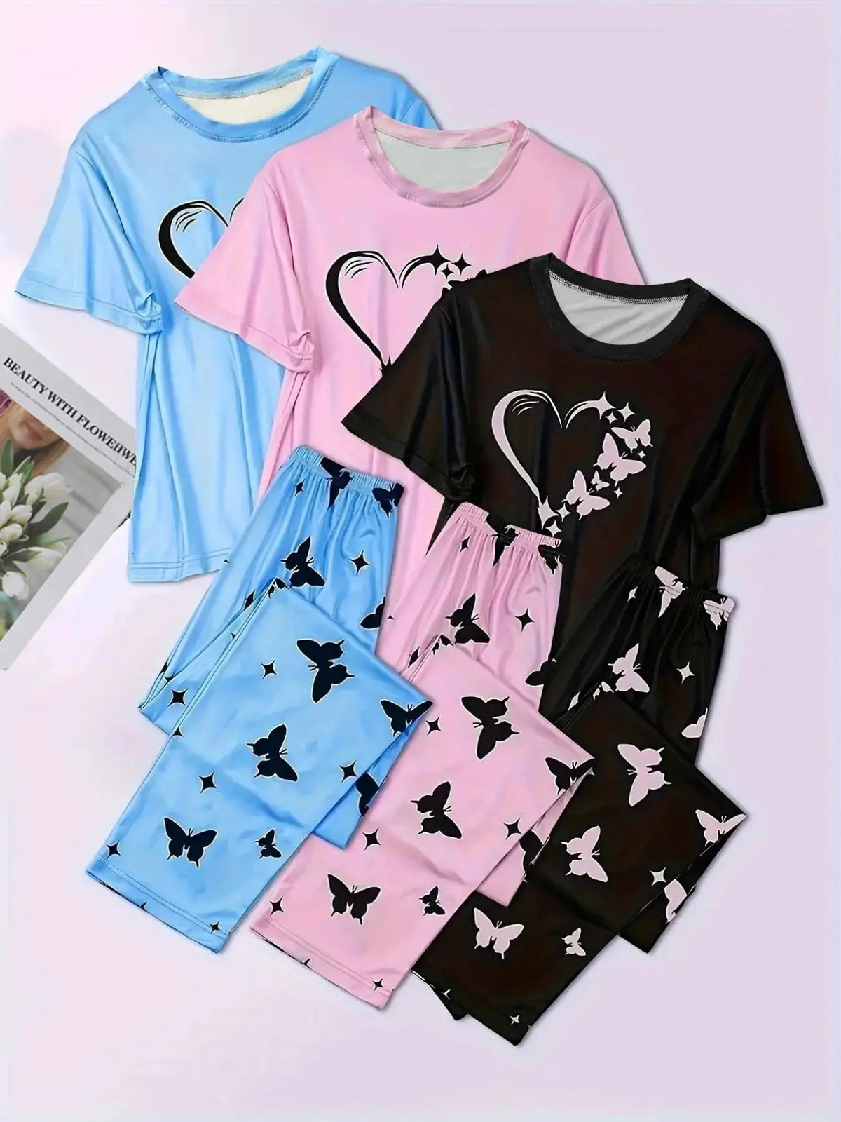 6 Counts Women's Heart & Butterfly Print Pajama Set, Short Sleeve Tee & Elastic Waist Pants Loungewear Set, Women Cute Nightwear, All Seasons Nightwear, PJ Sets for Women, Casual Sleepwear Loungewear, Love Print Sleepwear, Summer Outfits 2024