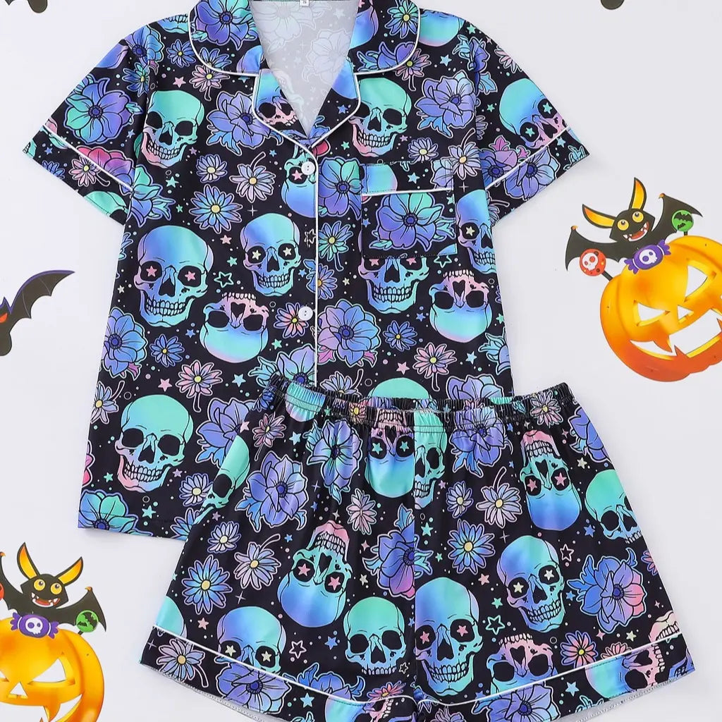 Msrlassn Women's Halloween Print Lapel Neck Pajama Set Casual Comfy Short Sleeve Top & Shorts Pj Set Ladies Sleepwear for All Seasons Loungewear