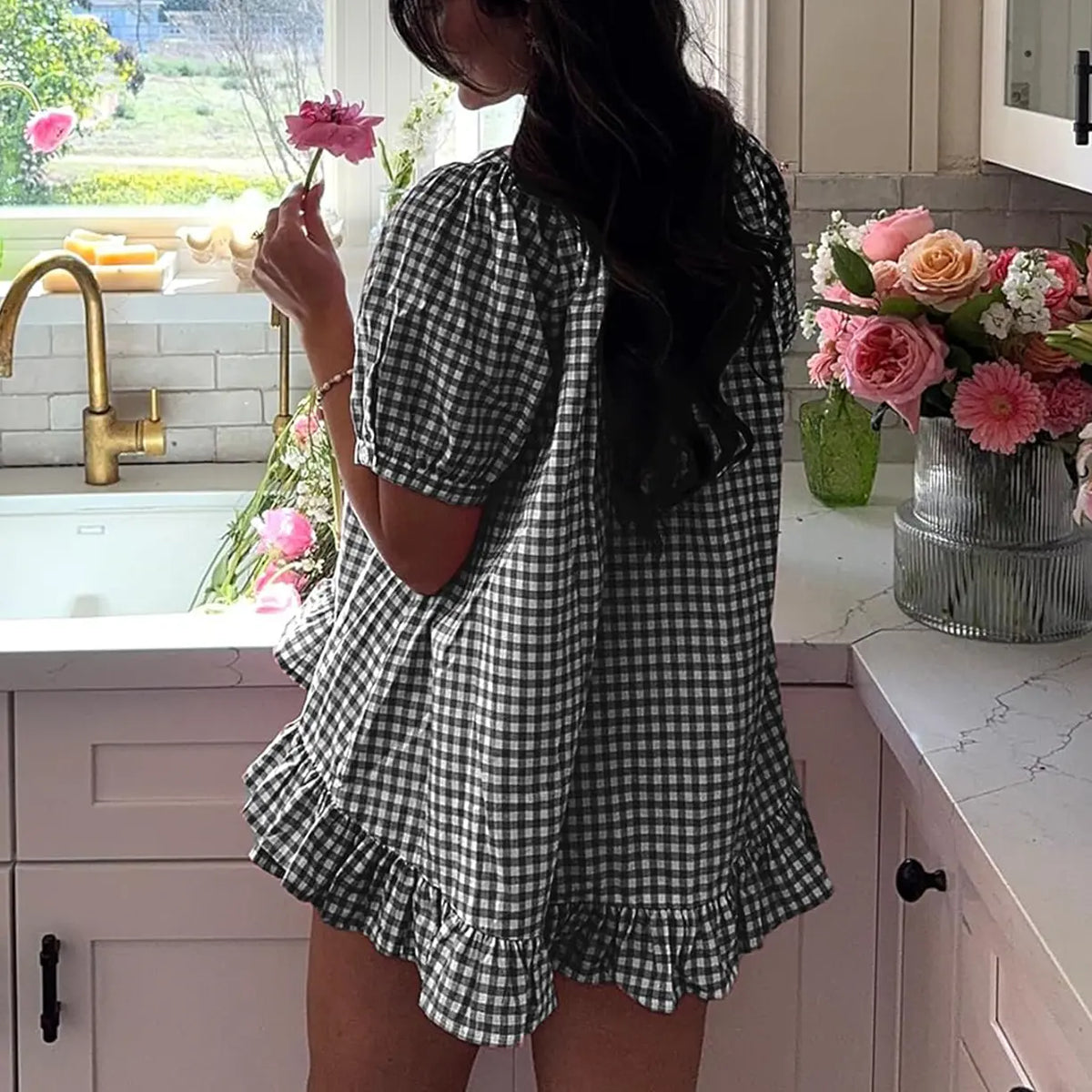 Arssm Women’s Gingham Pajamas Set – 2-Piece Cotton PJs with Ruffle Babydoll Shirt & Plaid Shorts for Cozy Sleepwear & Lounge Outfits