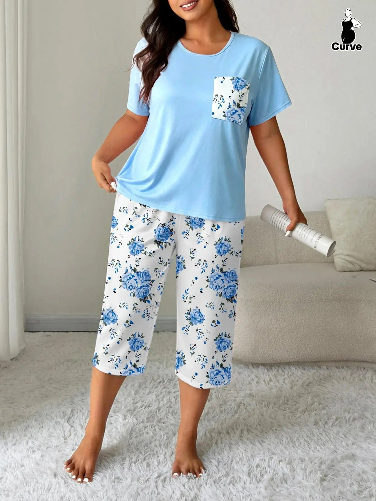 Plus Size Floral Print Tee & Capri Pants Pyjama Two-Piece Set, Casual Comfy Round Neck Short Sleeve T-Shirt & Trousers, PJ Set, Women's Sleepwear for Summer