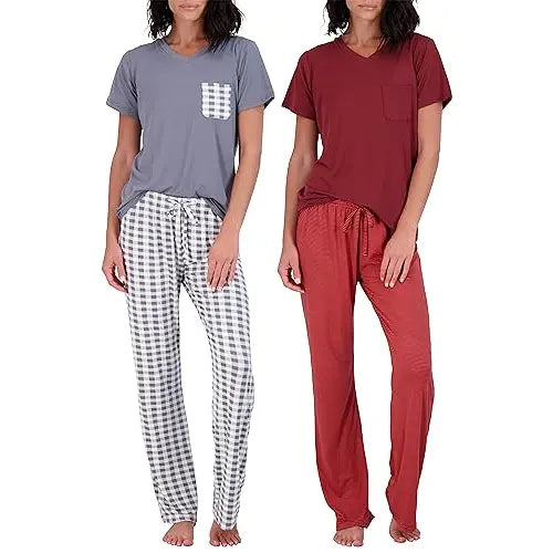 Real Essentials 2 Pack: Women's Comfy Pajama Sets - Short Sleeve Ladies Loungewear Sleepwear PJs (Available In Plus)