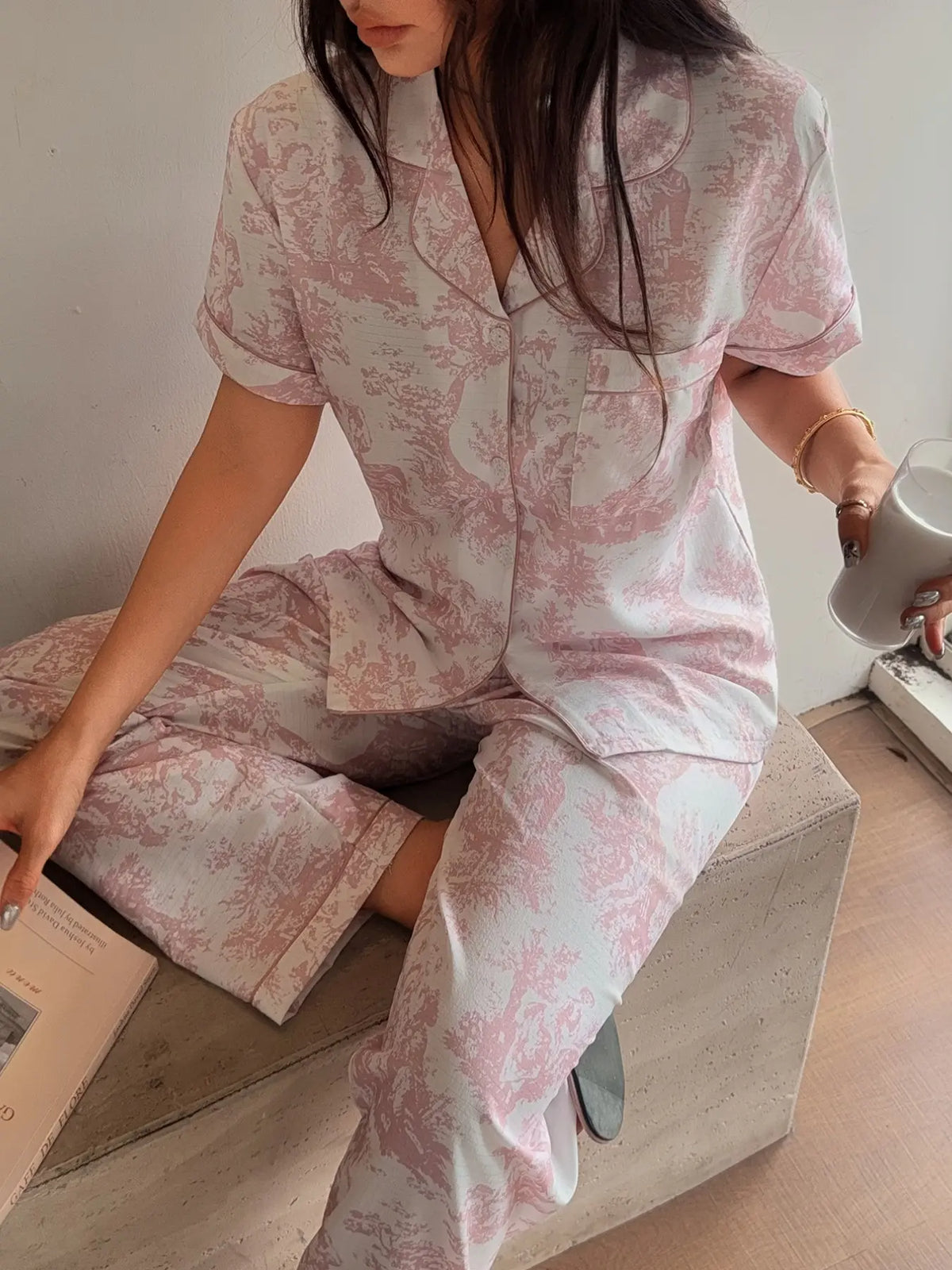 Women's Striped Print Button Front Short Sleeve Top and Bow Tie Long Pants Pajama Set, Casual Home Wear, All Seasons Loungewear, Nightwear Sleepwear