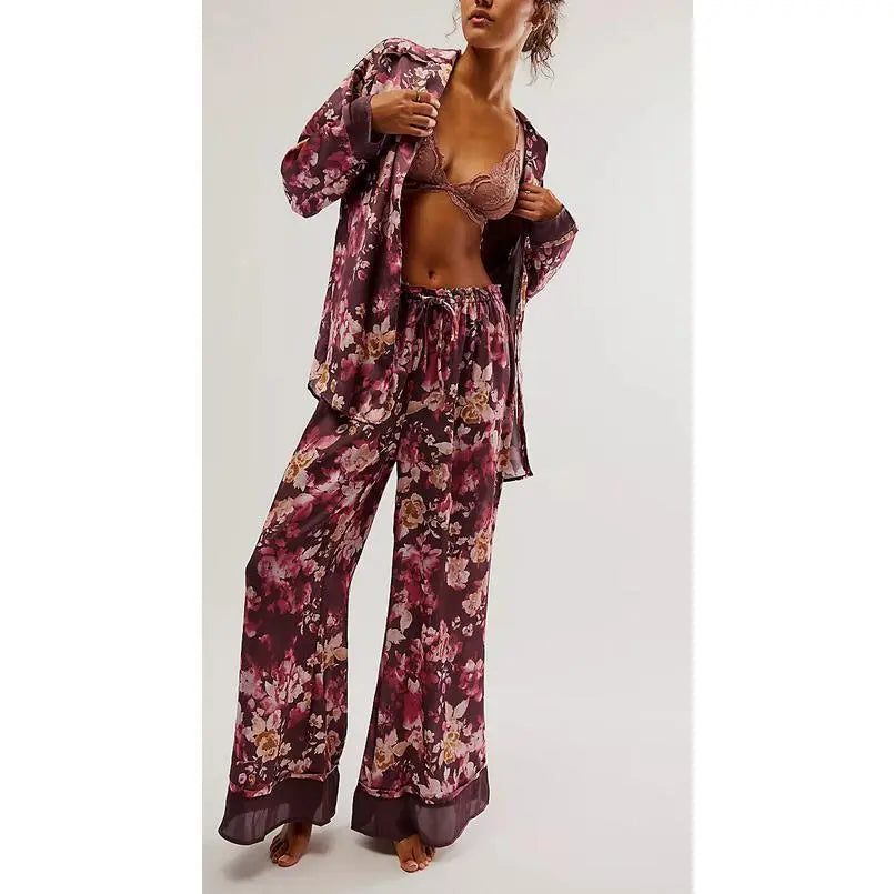 Women's Floral Satin Pajama Set, Long Sleeve Button-Down Shirt & Wide Leg Pants, Silky Sleepwear Loungewear Set for Women