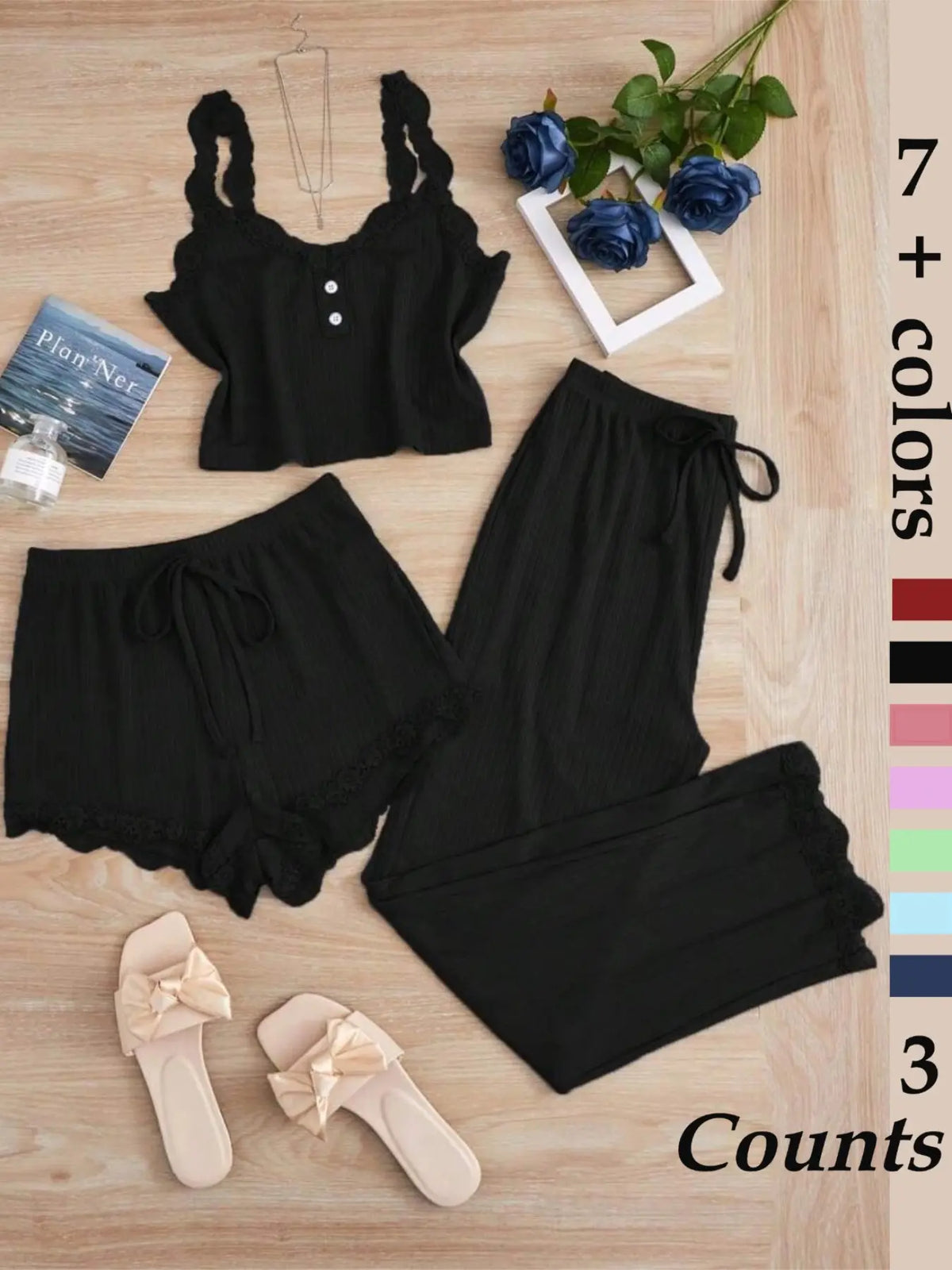 Women's Sleepwear Set, Three-Piece Lace Trim Tank Top & Shorts & Long Pants Pajamas, Soft Breathable Comfortable Casual Loungewear Outfits, Home Clothes Loungewear