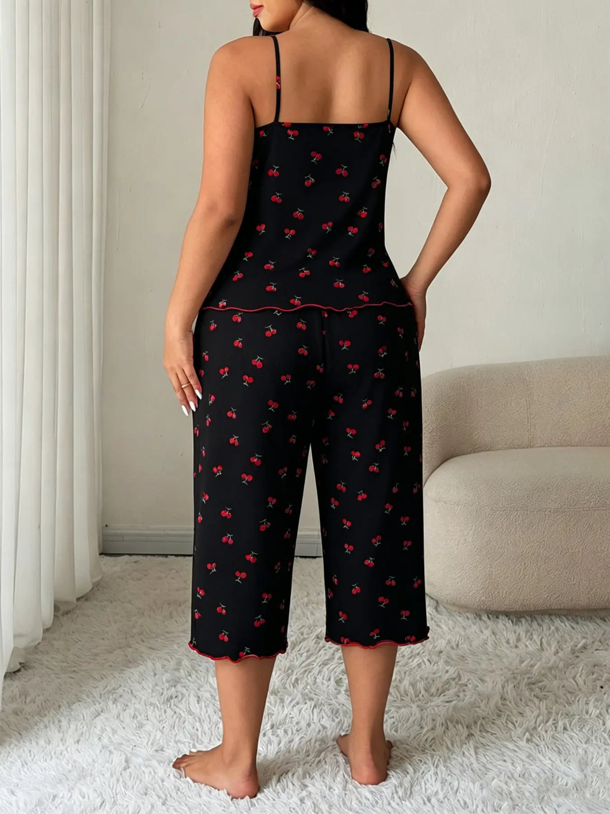 Women's Cherry Print Sleeveless Pajama Set, Cami Top & Wide-Leg Pants, Comfortable Stretch Sleepwear & Loungewear for All Seasons