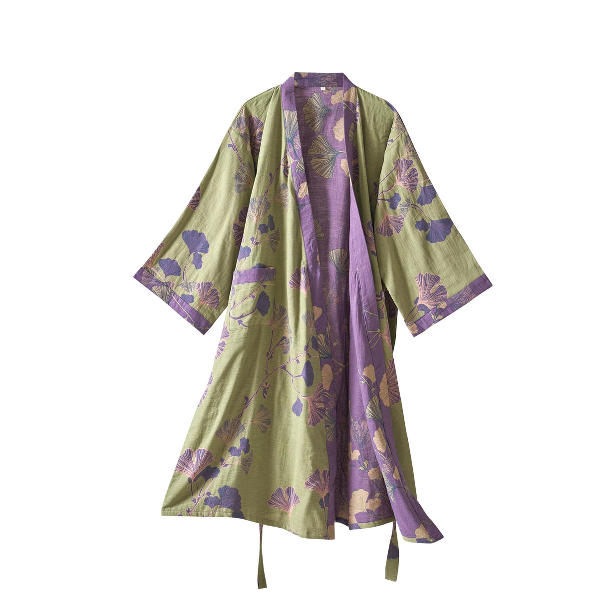 100% Cotton Gauze Ginkgo Leaf Kimono Robe, Long Knit Loose Loungewear Bathrobe Nightgown Ladies Sleepwear for Women