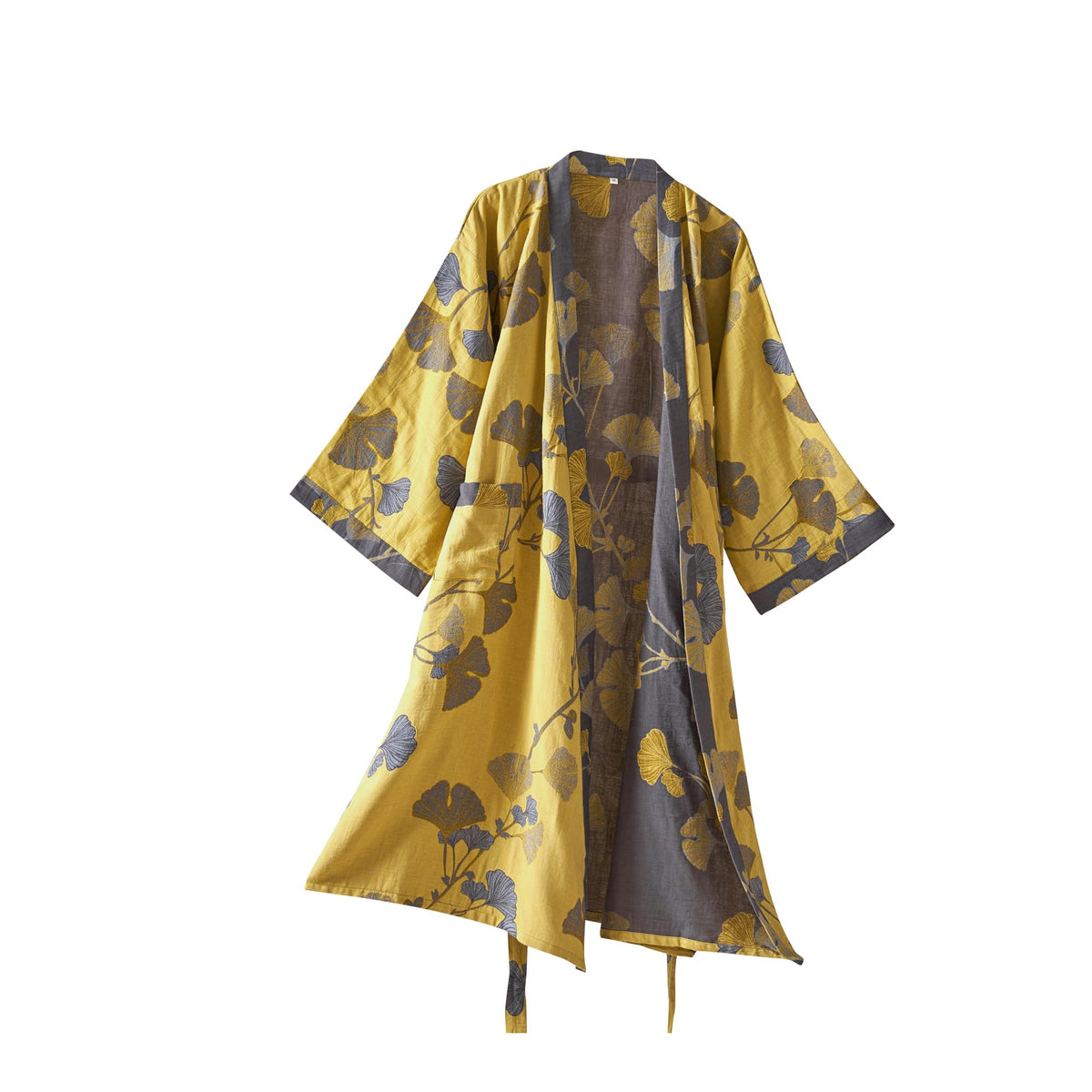 100% Cotton Gauze Ginkgo Leaf Kimono Robe, Long Knit Loose Loungewear Bathrobe Nightgown Ladies Sleepwear for Women