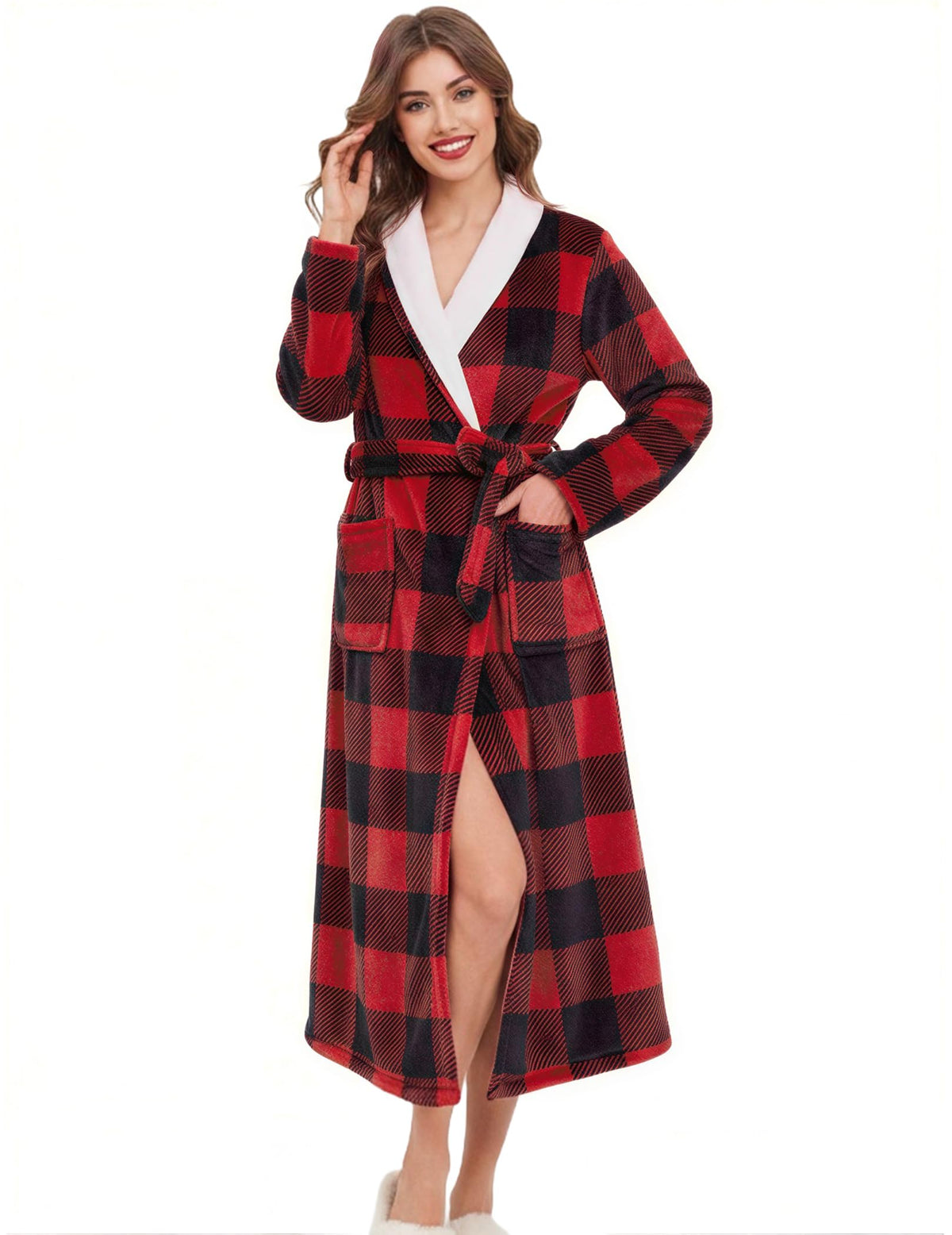 Ekouaer Women's Robe Long Winter Plush Jacquard Bathrobe with Pockets S-XXL