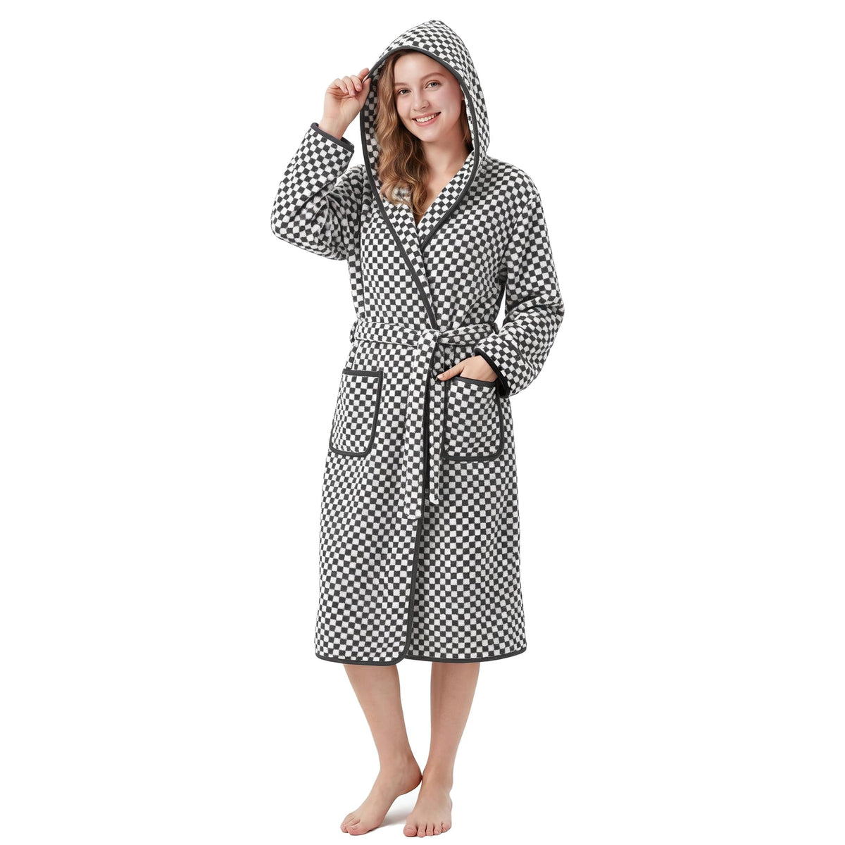 PJGGZ Checkered Hooded Bathrobe for Women, Lightweight Microfiber Towel Material Quick Dry Soft Absorbent Y2K Trendy Robe