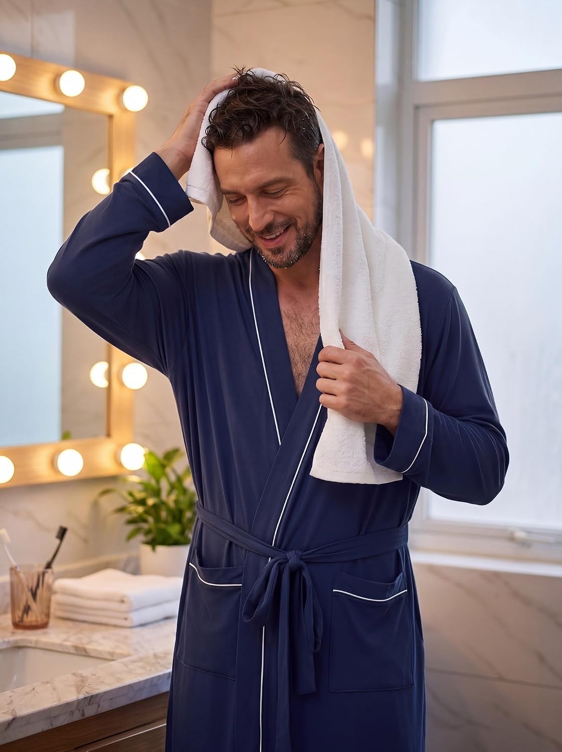 PrinStory Mens Lightweight Robe Soft Knit Kimono Long Bathrobe Loungewear