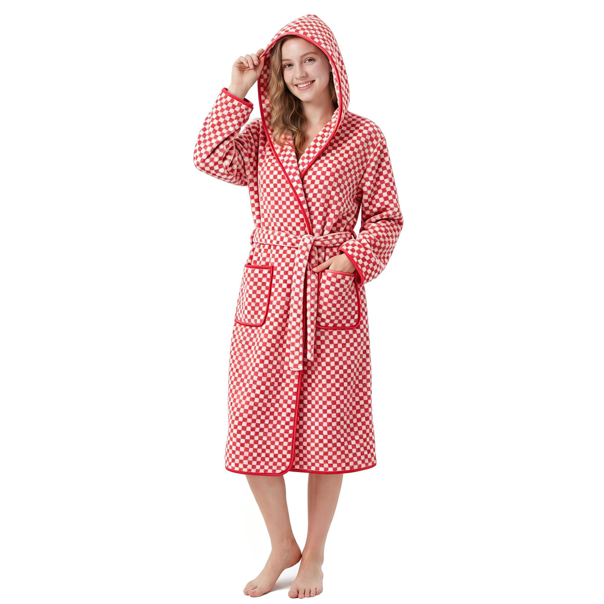 PJGGZ Checkered Hooded Bathrobe for Women, Lightweight Microfiber Towel Material Quick Dry Soft Absorbent Y2K Trendy Robe