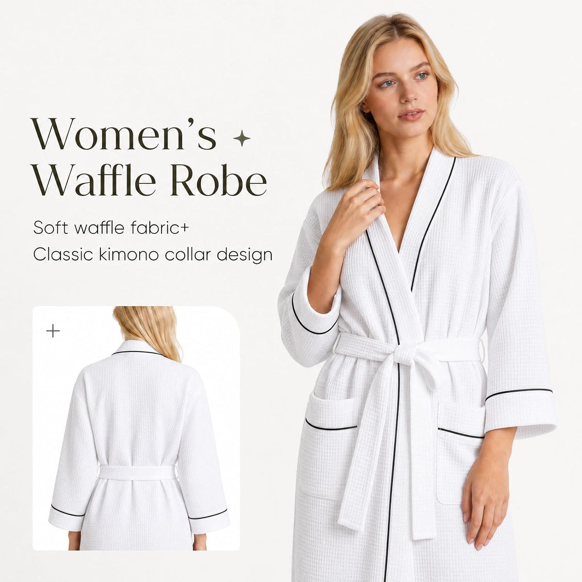 Inner Wish Women's Cotton Waffle Kimono Robe, Lightweight Quick Dry Spa Shower Robe with Pockets