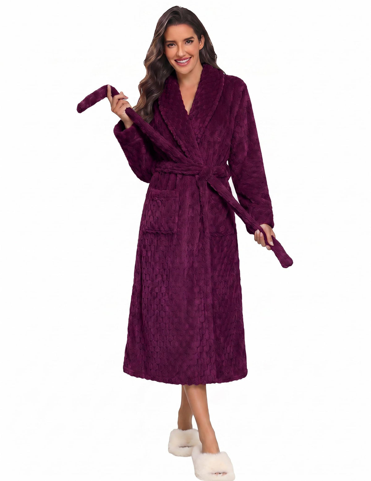 Ekouaer Women's Robe Long Winter Plush Jacquard Bathrobe with Pockets S-XXL