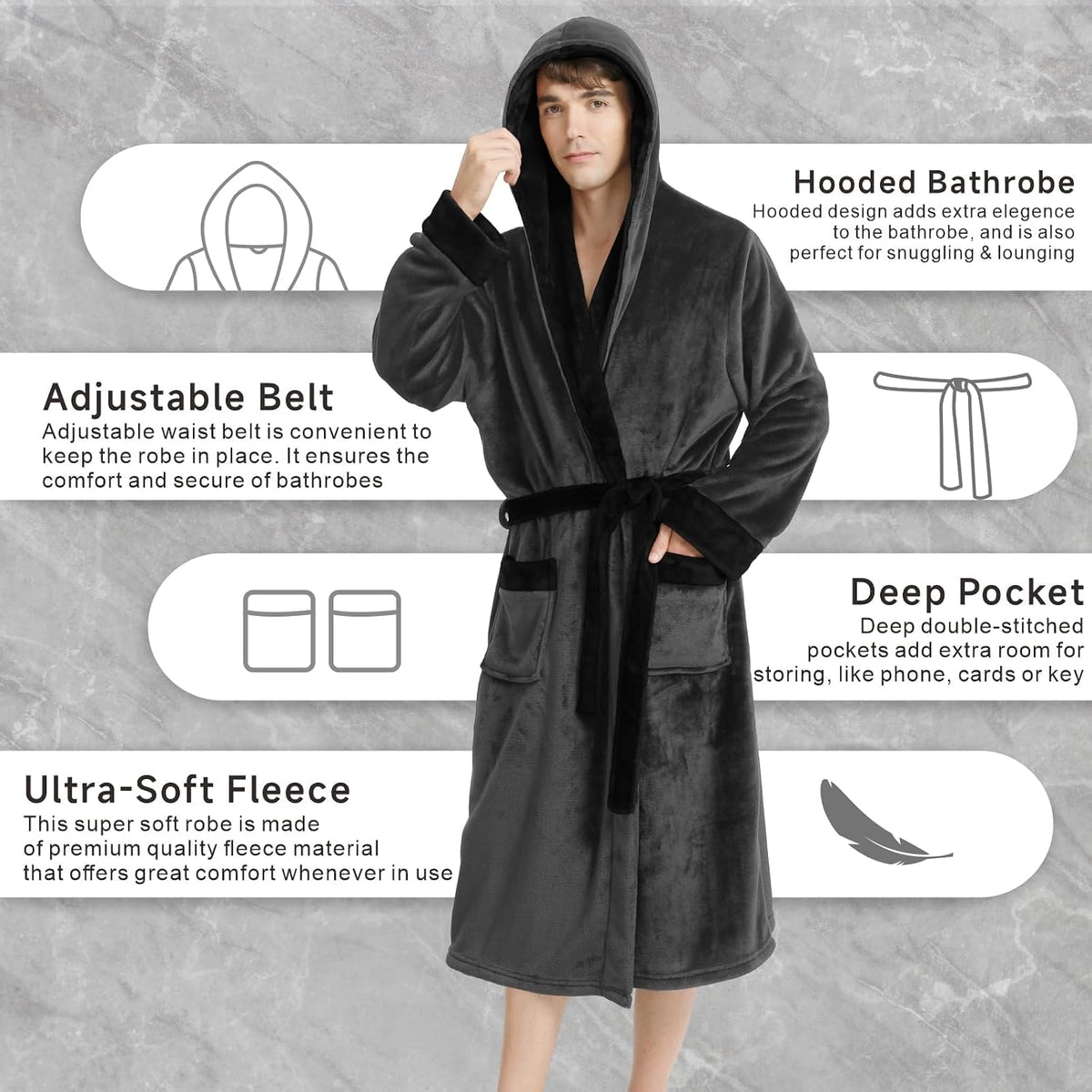Yurhap Hooded Mens Robe, Cozy Fleece Bathrobe for Men, Plush Robe with Belt