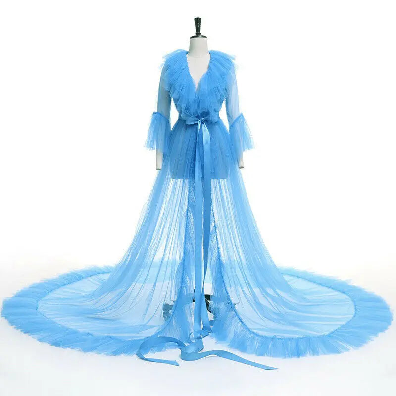 Women Kimono Dress Sheer Tulle V-Neck Long Flare Sleeves Floor Length Night-Robe Lingerie