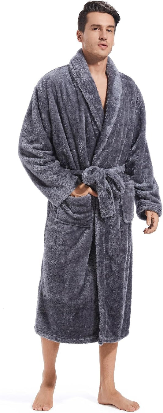 Inner Wish Mens Plush Fleece Robe, Highly Absorbent Cozy Warm Bathrobe Fuzzy Male Spa Long Robe With Pockets