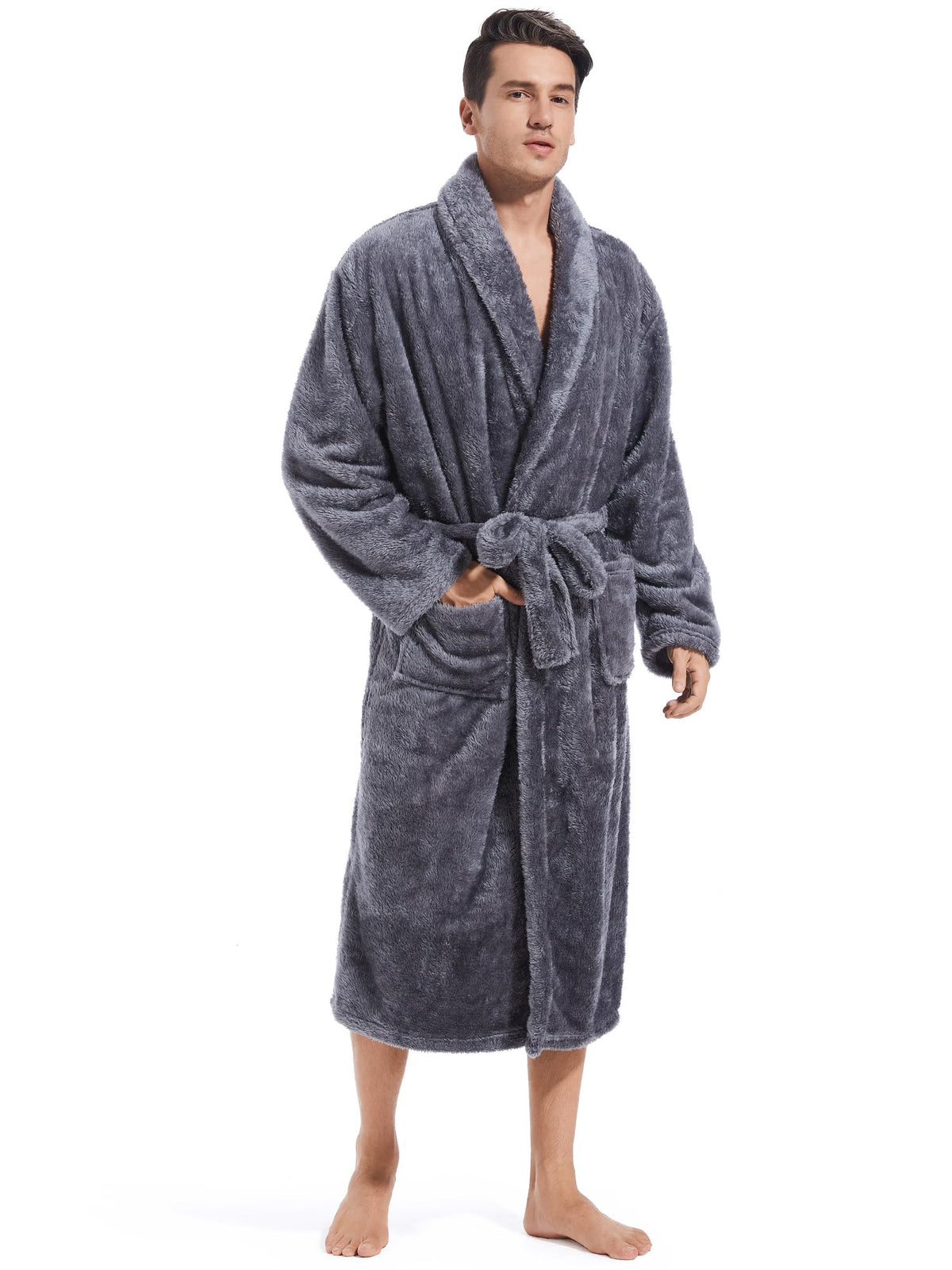 Inner Wish Mens Plush Fleece Robe, Highly Absorbent Cozy Warm Bathrobe Fuzzy Male Spa Long Robe With Pockets