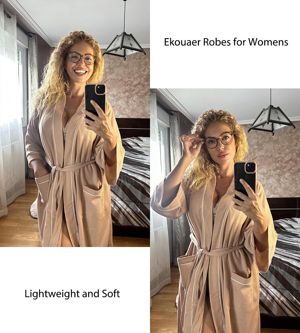 Ekouaer Women Robes Waffle Knee Length Bathrobe Lightweight Soft Sleepwear V neck 3/4 Sleeve Casual Ladies Loungewear S-XXL