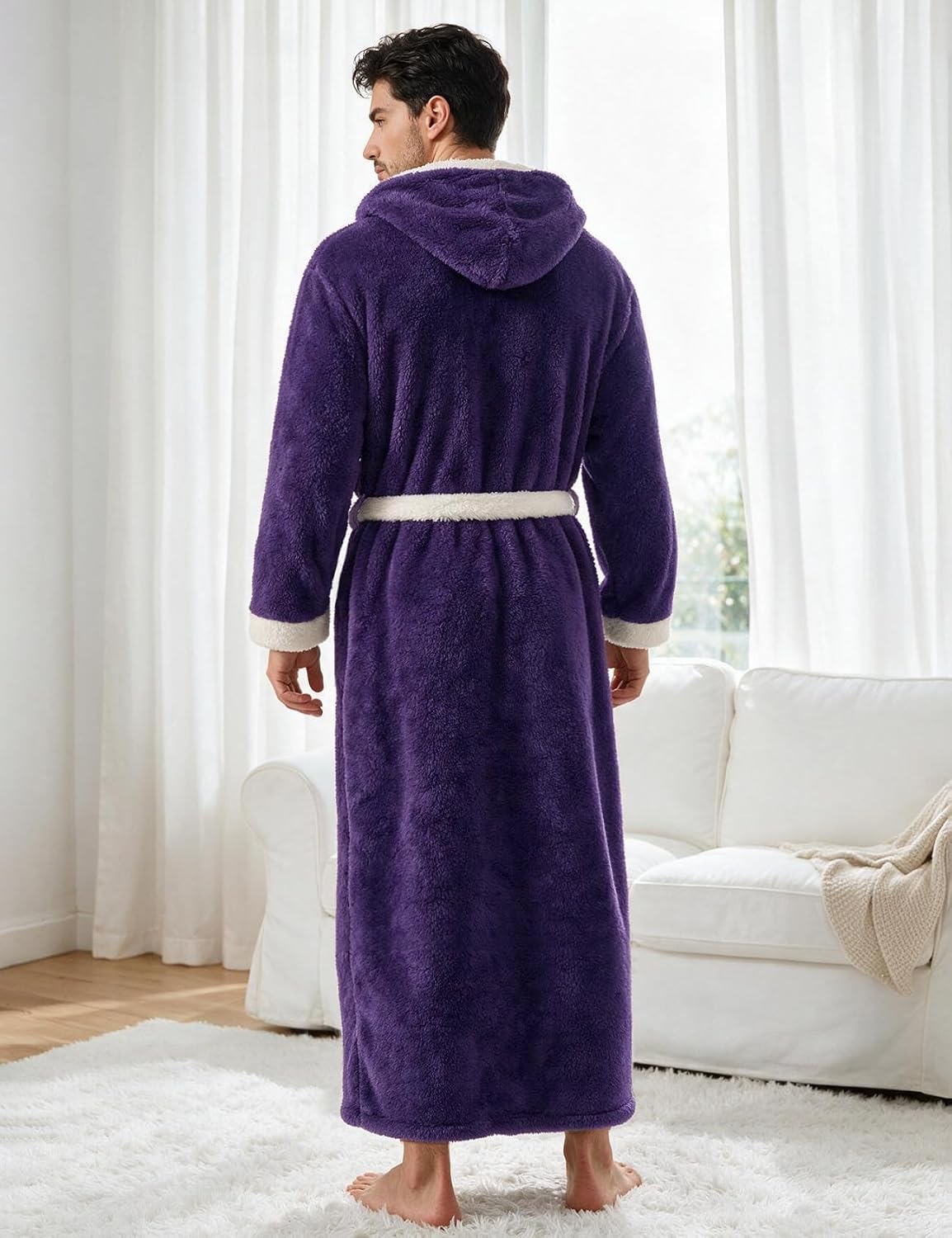 Flygo Mens Plush Hooded Robe Soft Fleece Full Length Bathrobe