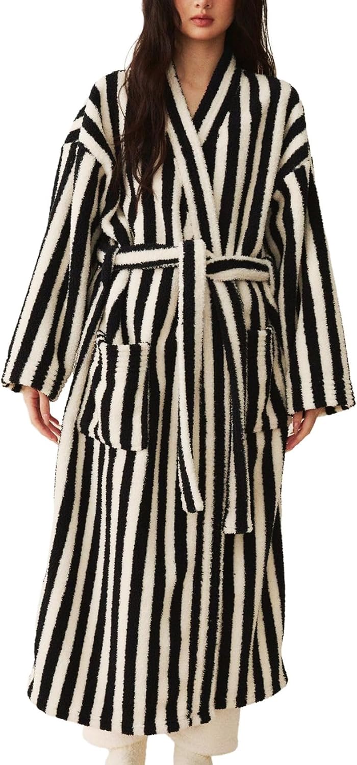 Arssm Womens Striped Fluffy Robe Long Plush Fuzzy Warm Bathrobes