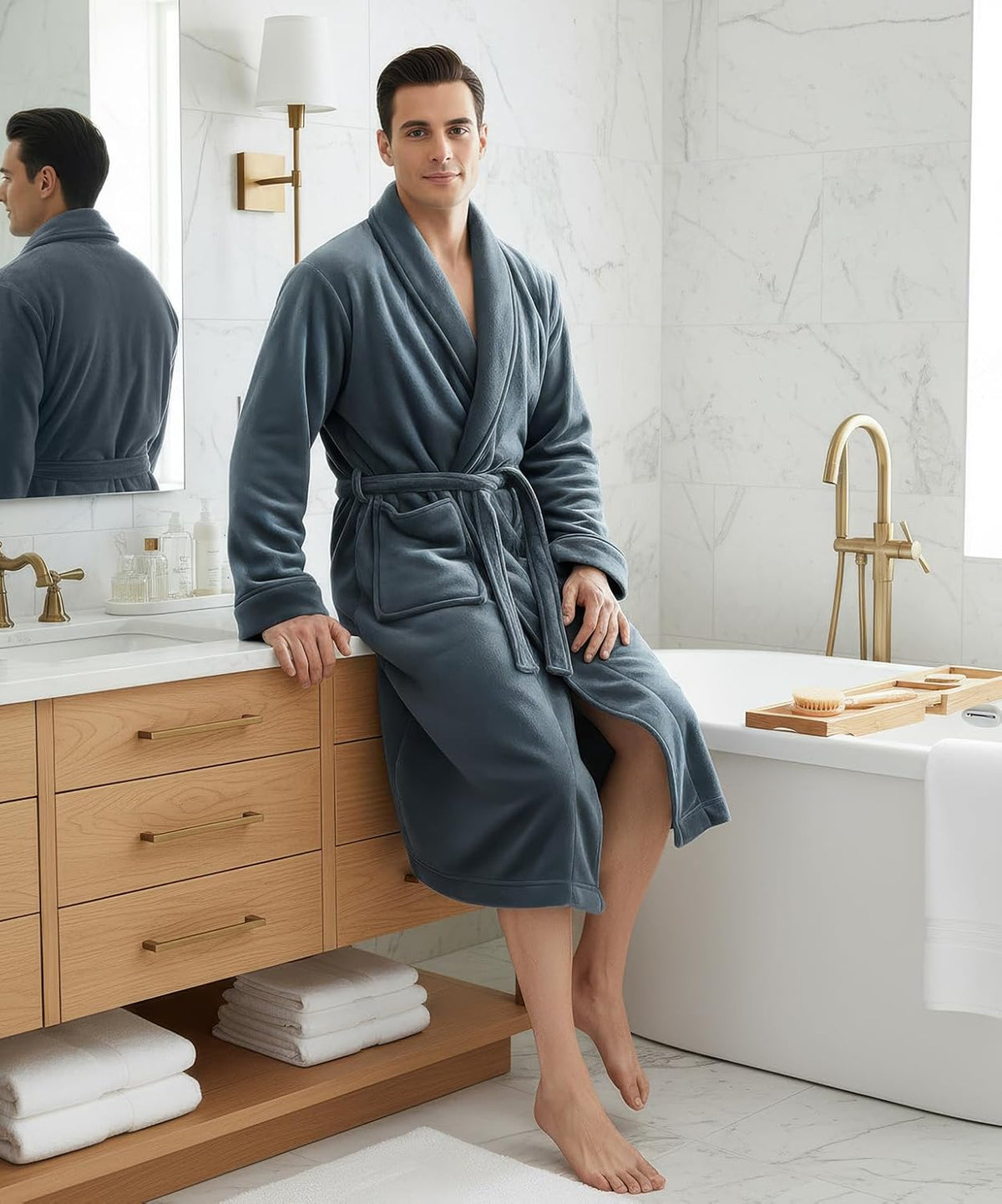 Luxury Ultra Soft Mens Robe Plush Fleece Long Bathrobe