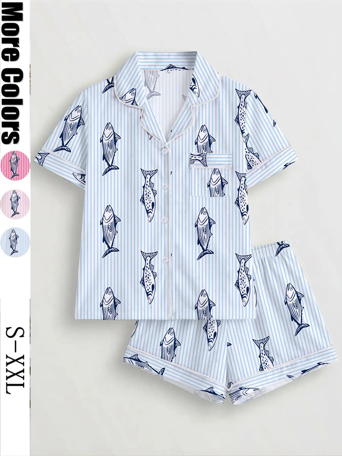 Women's Fish-Print Pajama Set, Short-Sleeve Button-Up Top and Elastic Shorts, Comfortable All-Season Loungewear for Home