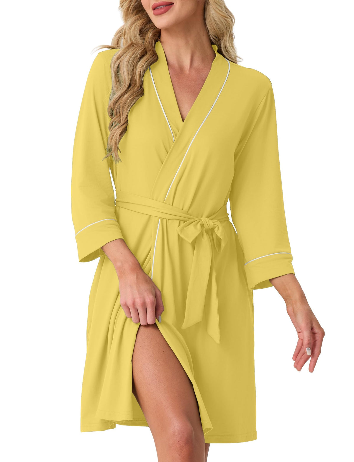 PrinStory Womens Robe Knee Length Soft Knit Bathrobe S-2XL
