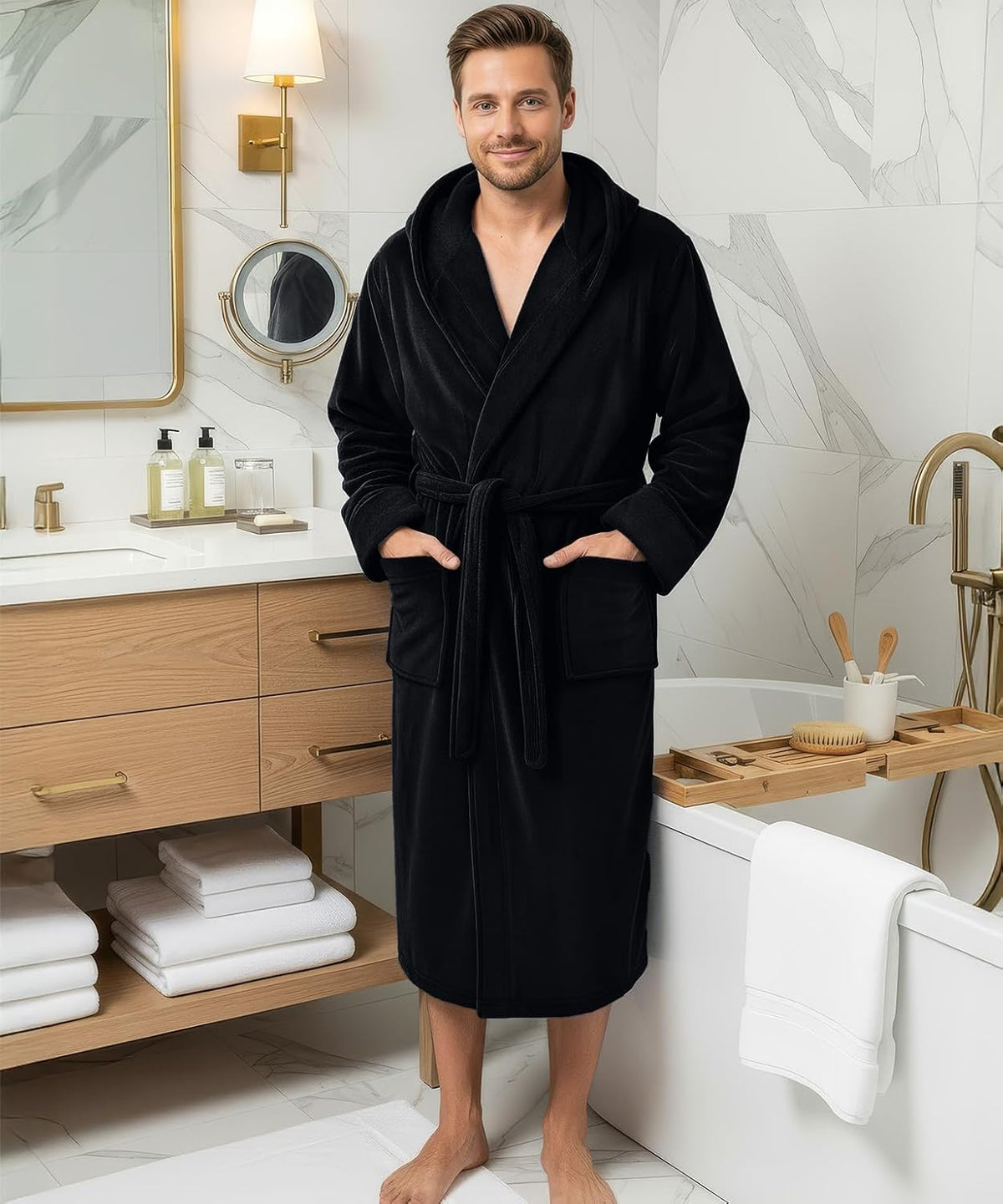 Luxury Ultra Soft Mens Robe with Hood Plush Fleece Long Bathrobe