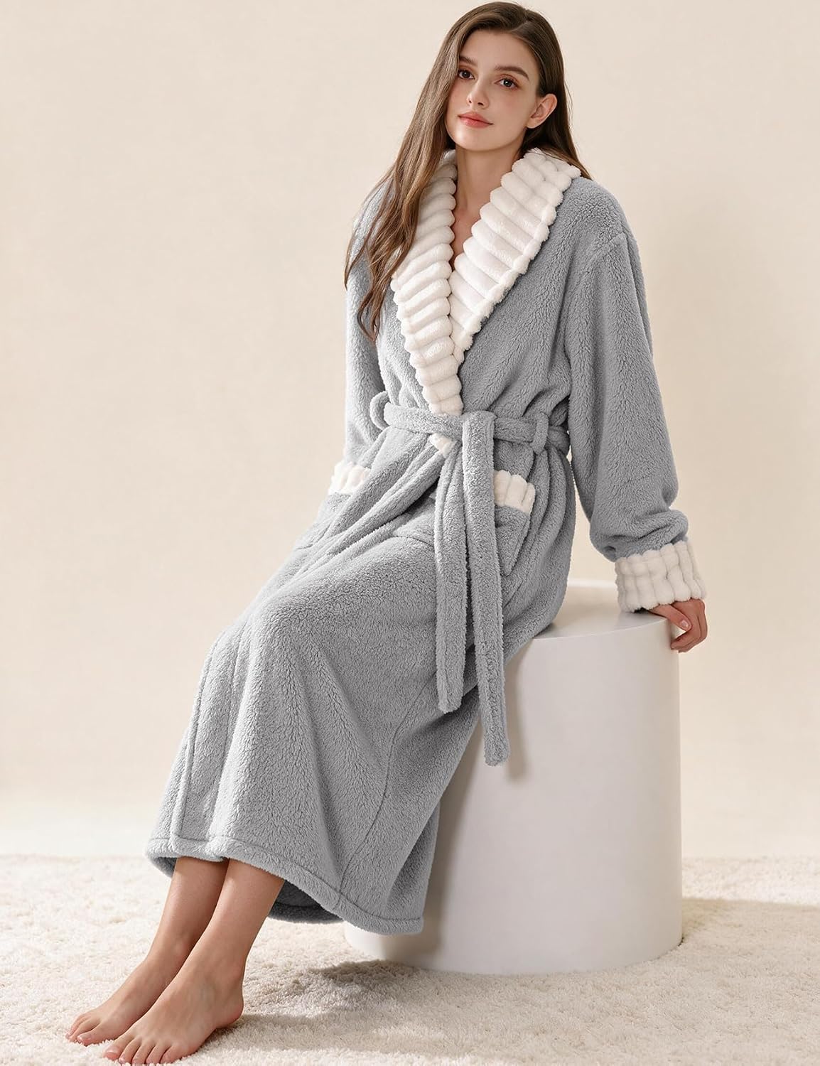 Kissonic Womens Long Bath Robe Plush Warm Fluffy Fleece Bathrobes