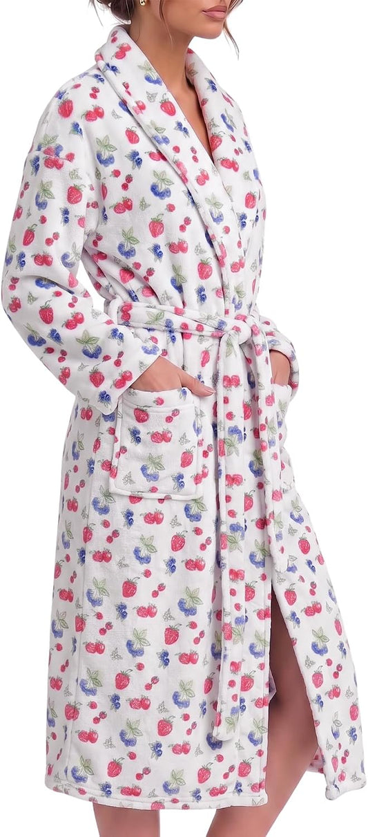 Fleece Robes for Women Cute Soft Printed Bathrobe Lightweight Fall Winter Robe with Belt