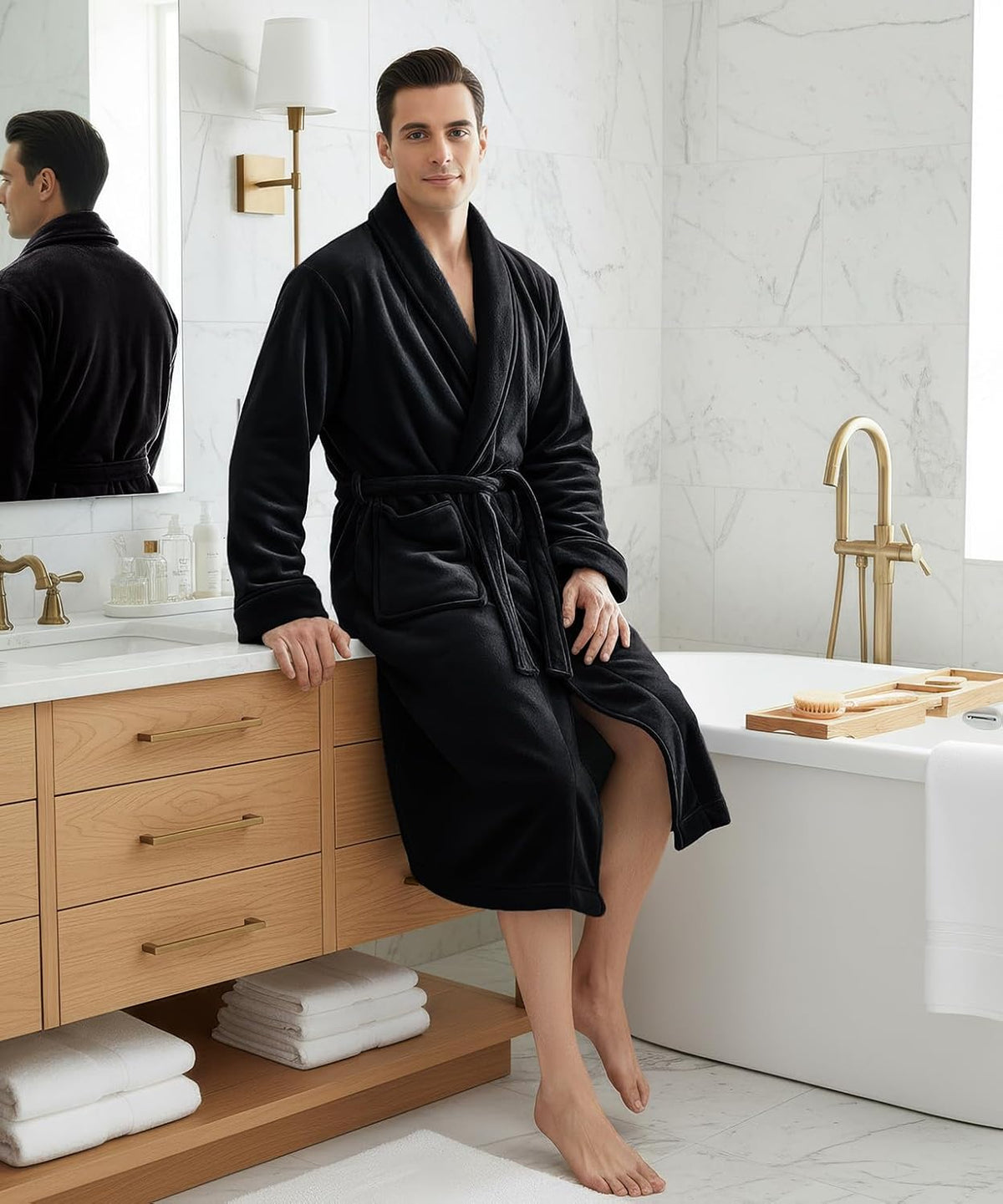 Luxury Ultra Soft Mens Robe Plush Fleece Long Bathrobe