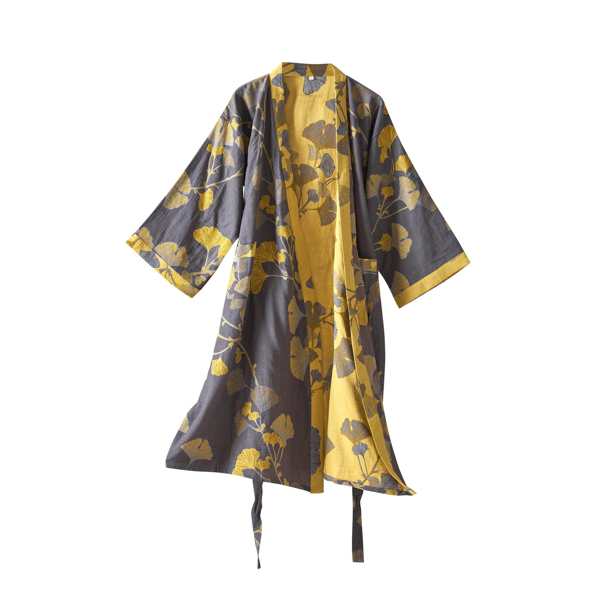 100% Cotton Gauze Ginkgo Leaf Kimono Robe, Long Knit Loose Loungewear Bathrobe Nightgown Ladies Sleepwear for Women