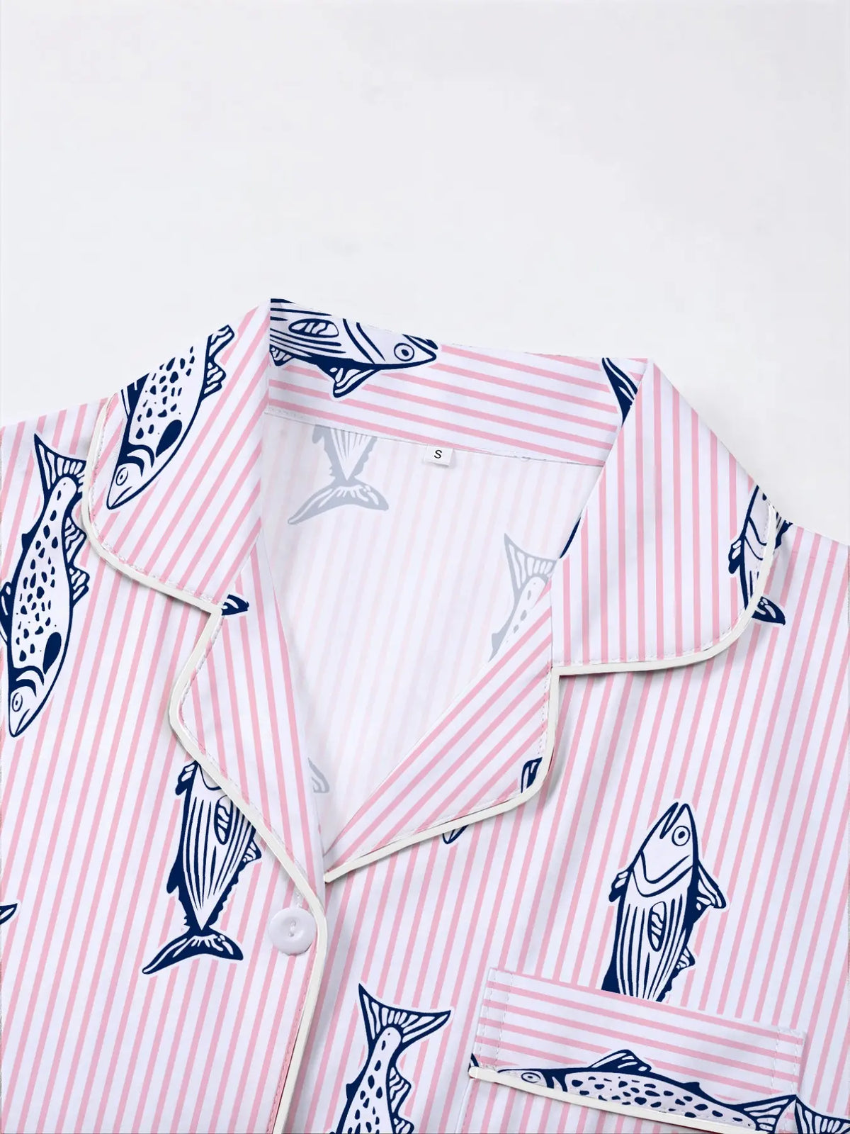 Women's Fish-Print Pajama Set, Short-Sleeve Button-Up Top and Elastic Shorts, Comfortable All-Season Loungewear for Home