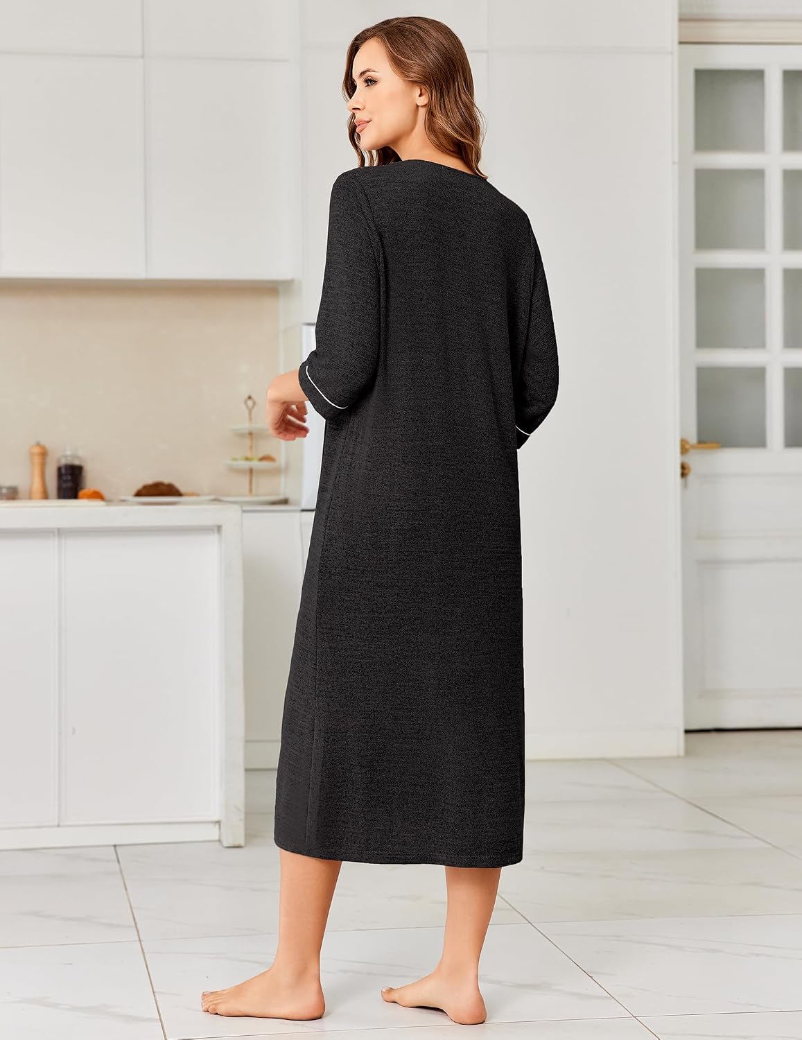 Ekouaer Zipper Robes for Women 3/4 Sleeve Bathrobe Lightweight House Coats