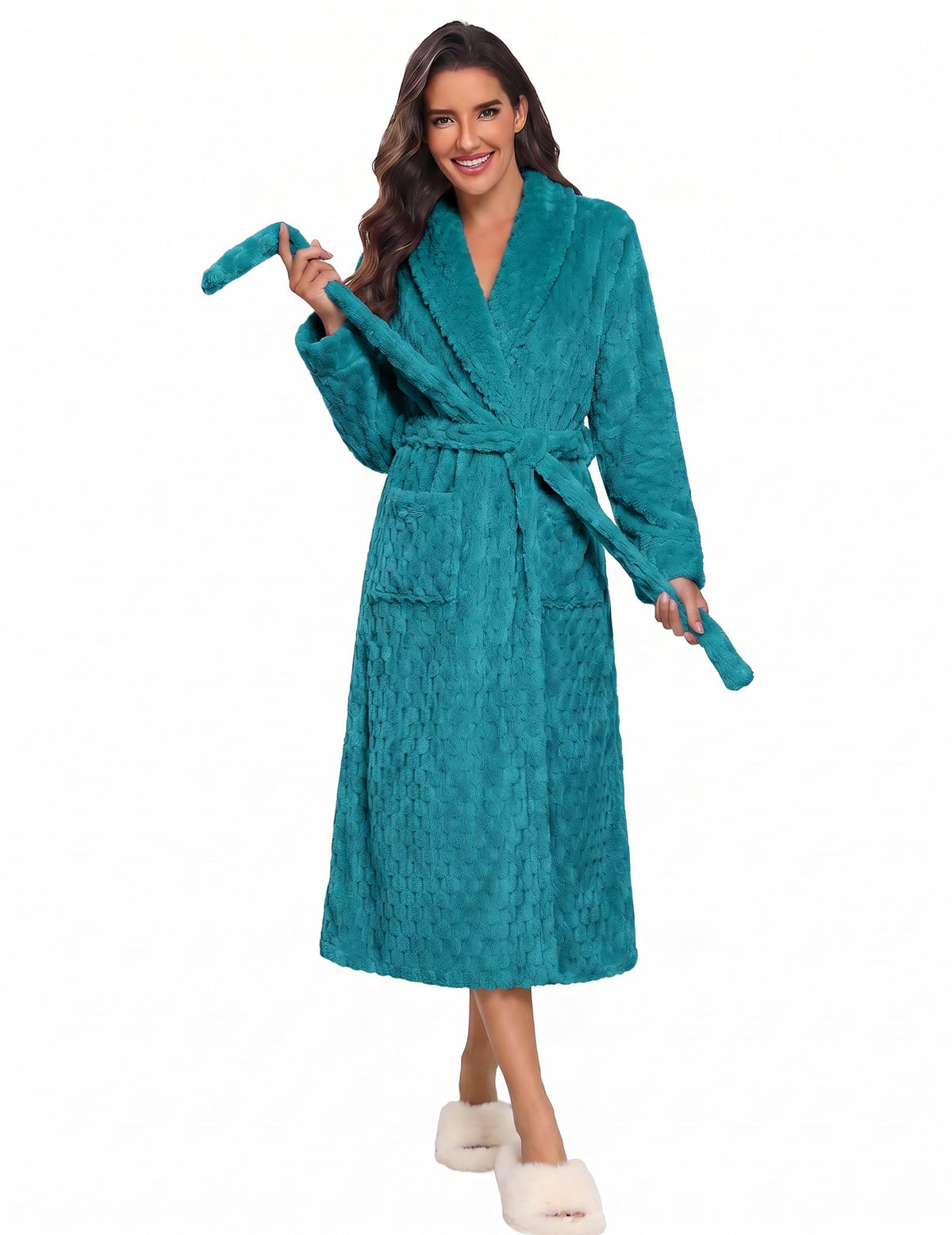 Ekouaer Women's Robe Long Winter Plush Jacquard Bathrobe with Pockets S-XXL