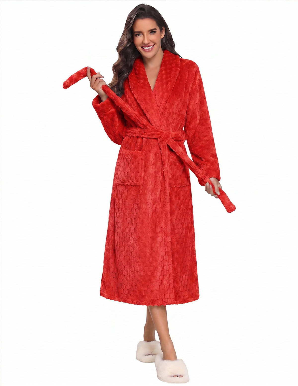 Ekouaer Women's Robe Long Winter Plush Jacquard Bathrobe with Pockets S-XXL
