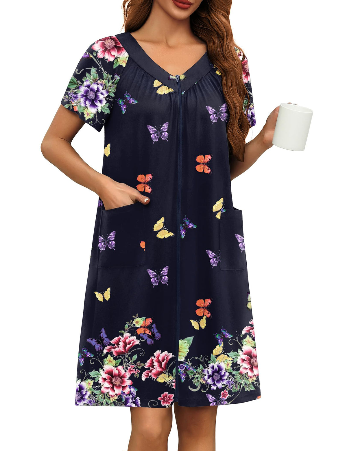 Ekouaer Women's Zipper Front Mumu Duster Robes with Pockets Soft Housecoat